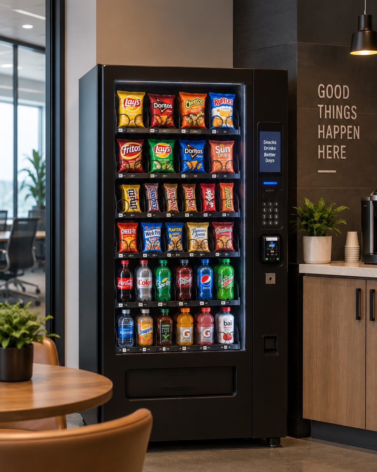 Black vending machine stocked with snacks and drinks in a modern office breakroom