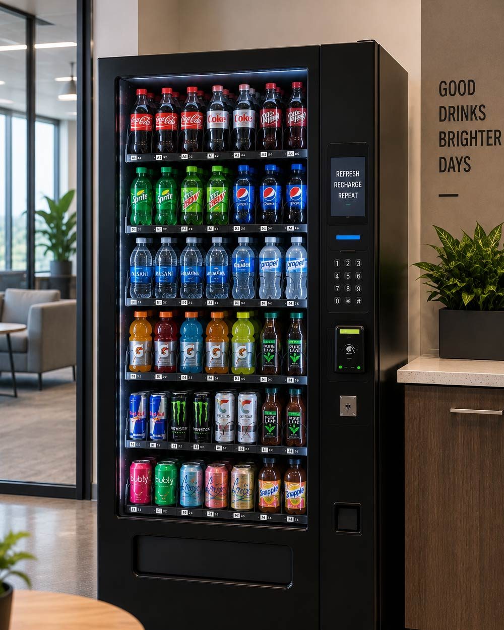 Smart beverage vending machine stocked with bottled and canned drinks