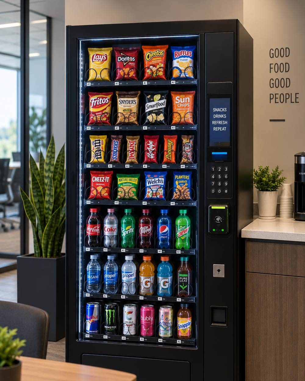 Combo vending machine stocked with both snacks and beverages