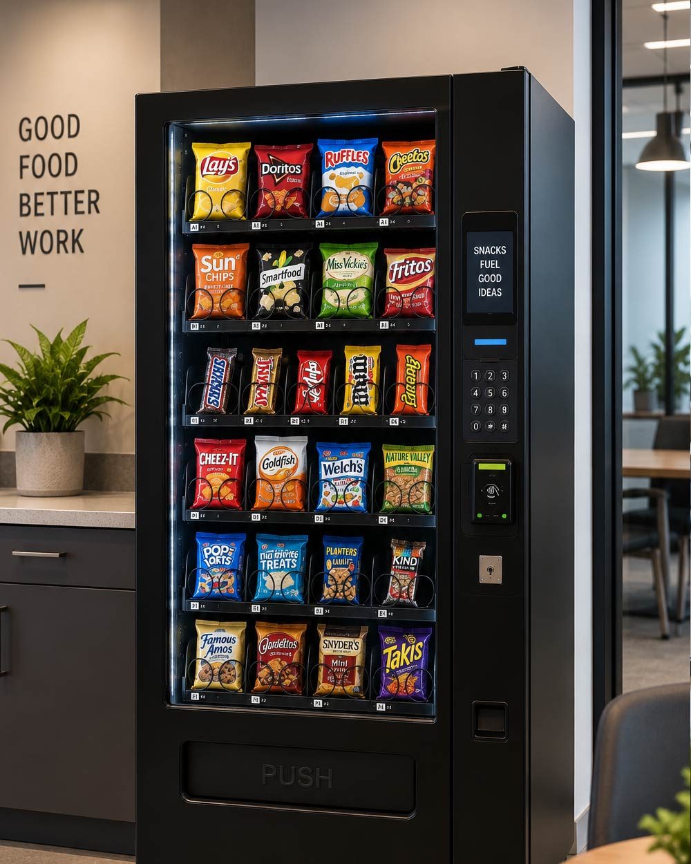 Snack vending machine stocked with chips, candy, and crackers